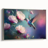 Framed wall art featuring a silver-framed hummingbird design on canvas, showcasing vibrant colors and intricate details, perfect for nature lovers and modern decor.
