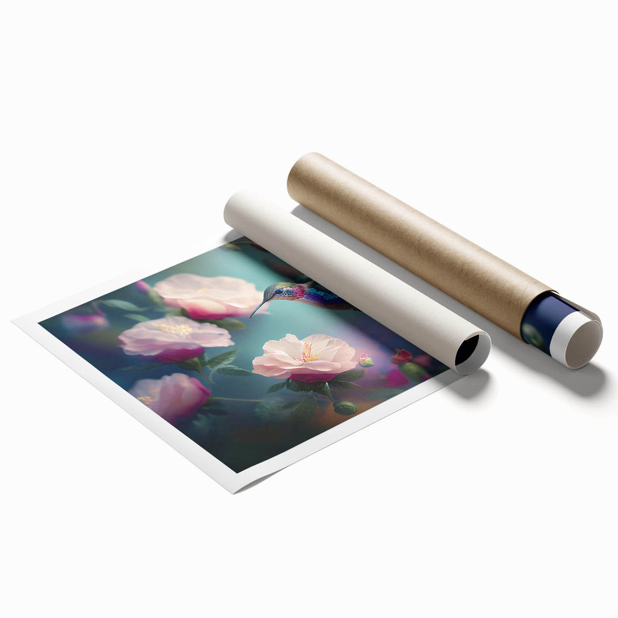 Colorful rolled print showcasing a detailed hummingbird design, perfect for home decor. Ideal for nature lovers, it's packaged in a durable tube for safe shipping.
