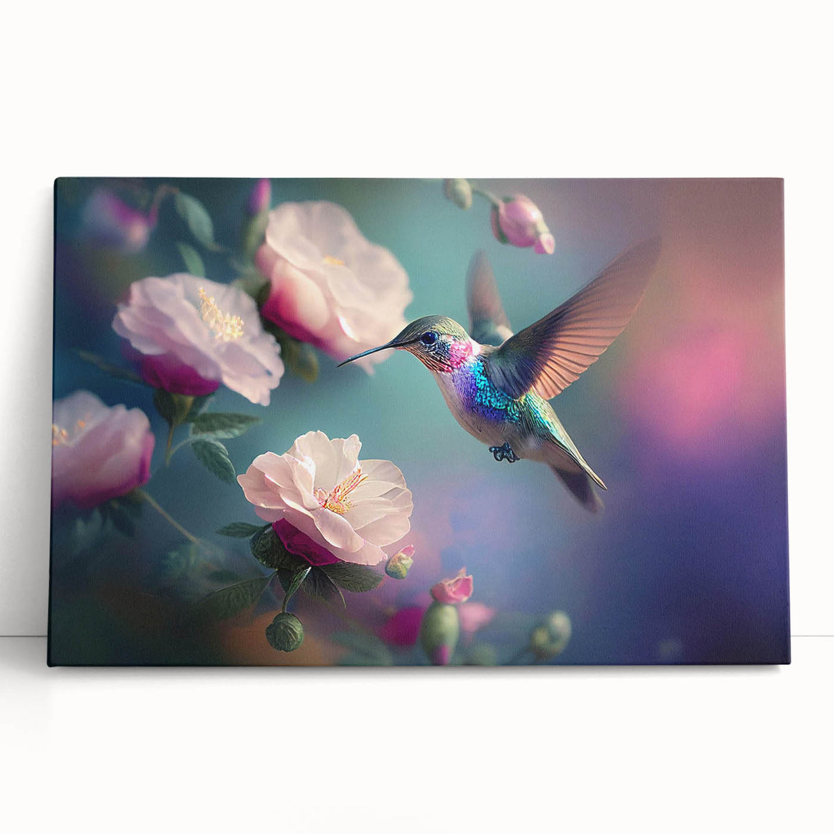 Vibrant hummingbird wall art collection featuring three beautifully designed stretched canvases in a modern setting, showcasing intricate details and vivid colors. Perfect for nature enthusiasts and home decor lovers.