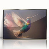 Framed wall art showcasing a vibrant hummingbird design with intricate details, presented in a sleek silver frame, ideal for enhancing modern decor.