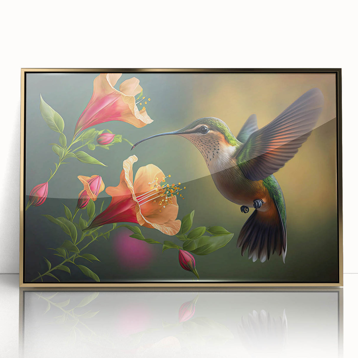 Framed wall art collection showcasing a vibrant hummingbird design in acrylic with a gold frame, ideal for adding a touch of nature to home decor.