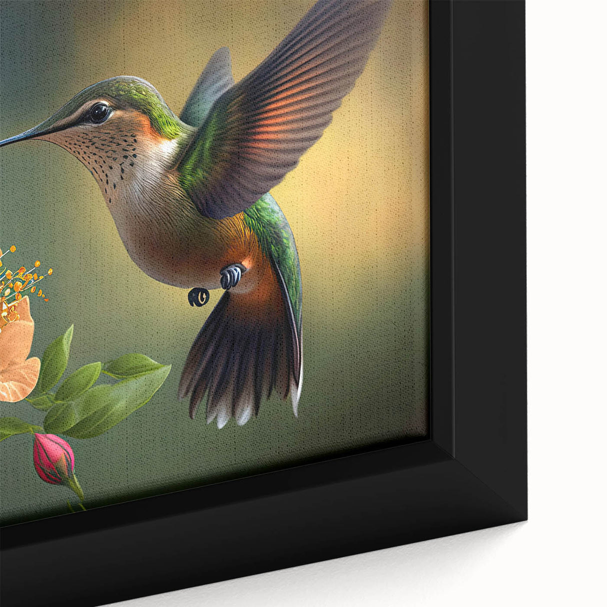 Close-up of a framed canvas wall art featuring a vibrant hummingbird design with intricate details, showcasing a colorful blend of green, blue, and pink hues, perfect for nature enthusiasts and home decor lovers.