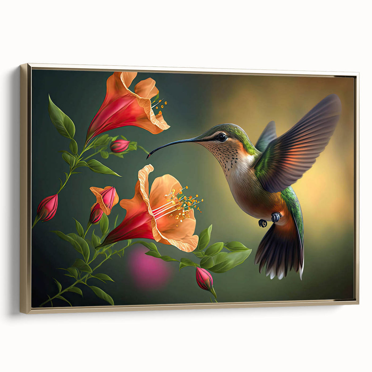 Framed canvas wall art showcasing a vibrant hummingbird design in gold tones, ideal for adding a touch of elegance to any modern decor setting. The artwork emphasizes intricate details and rich colors, making it a stunning focal point for living spaces or offices.