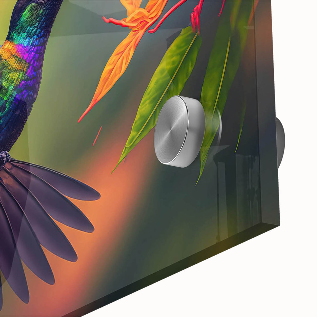 Close-up of a vibrant hummingbird wall art design, showcasing intricate details and rich colors, ideal for adding a splash of nature-inspired elegance to any room.