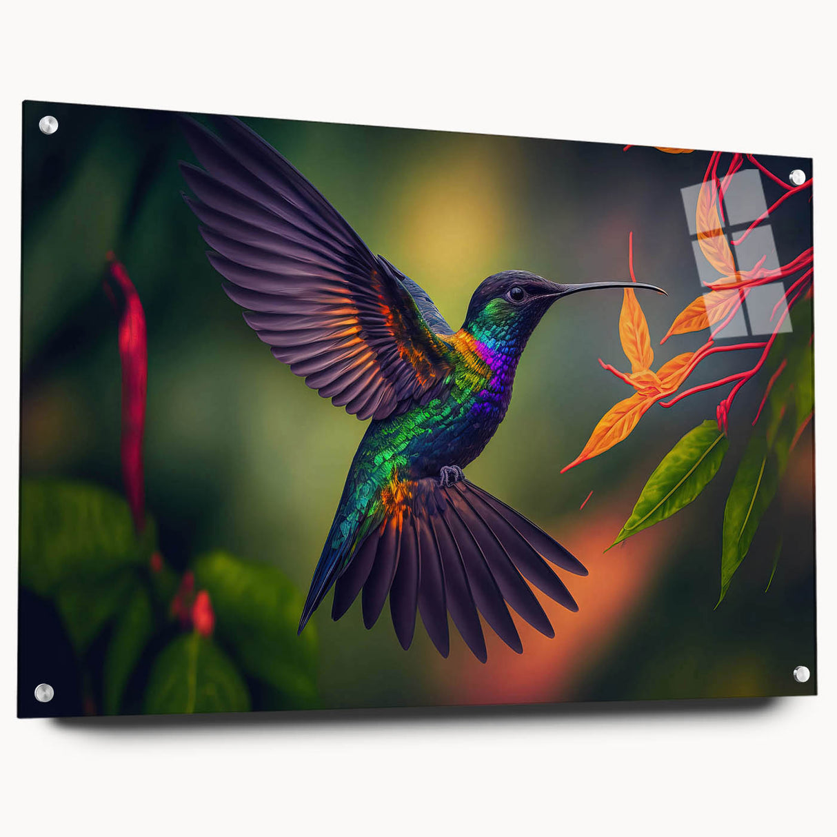 Hummingbird-themed wall art collection displayed in acrylic glass, showcasing vibrant colors and intricate details, with pins securing the artwork in a stylish side view.