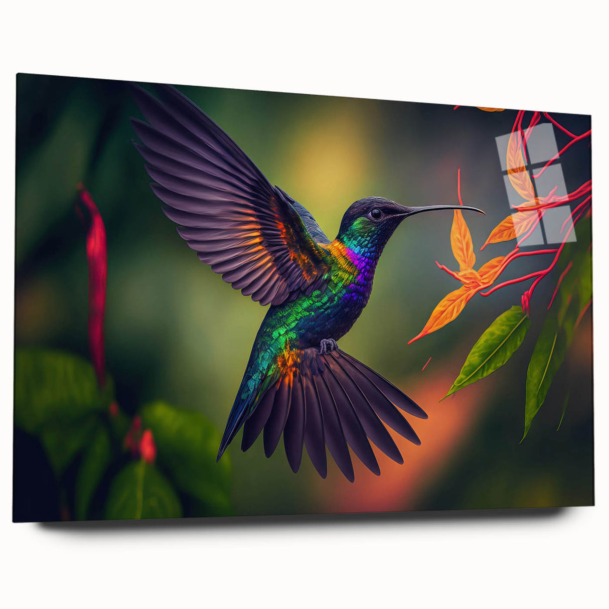 Vibrant acrylic glass wall art featuring a hummingbird design, showcasing intricate details and vivid colors, ideal for modern home decor or nature enthusiasts.