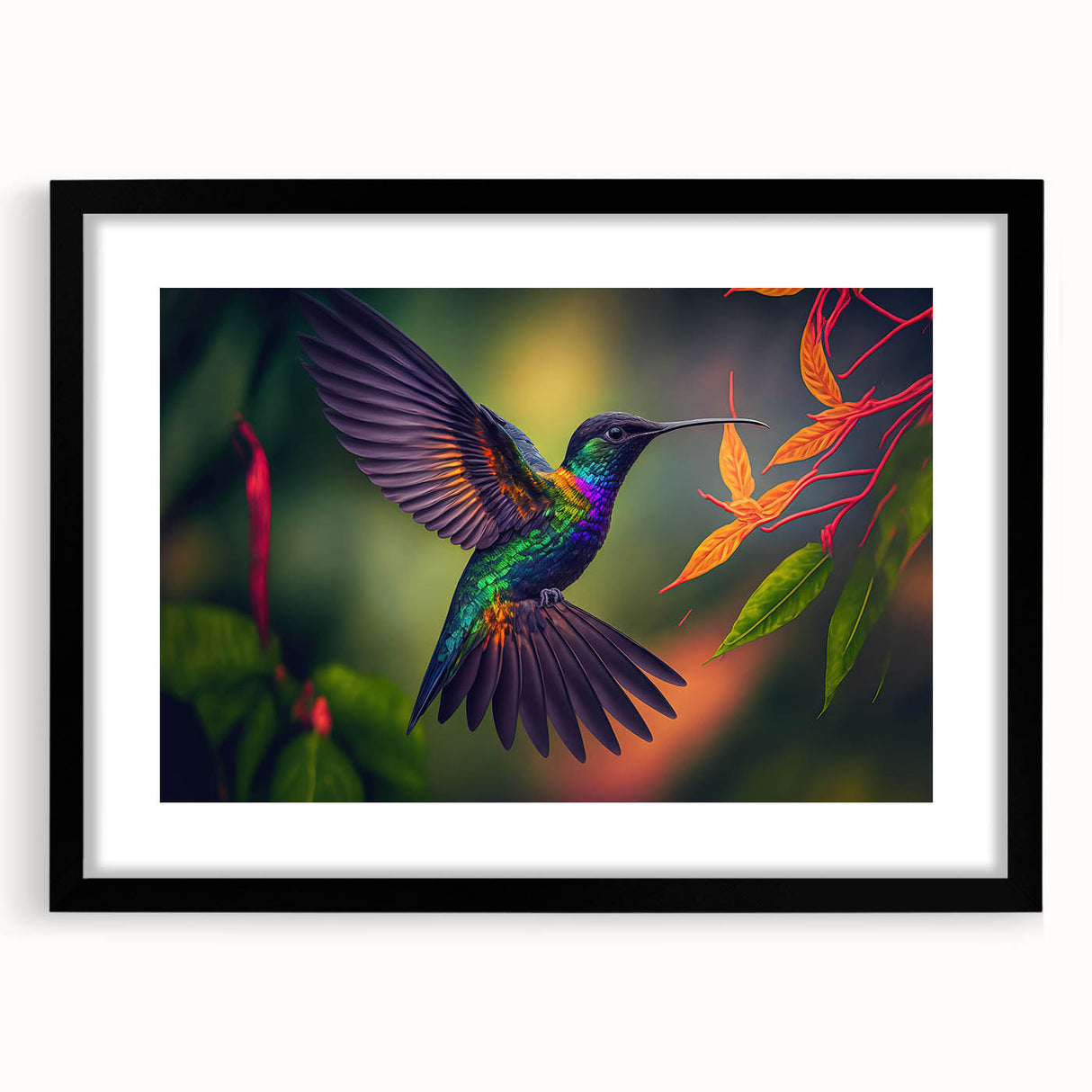 Hummingbird-themed wall art collection framed in black, showcasing vibrant colors and intricate details of the birds, perfect for nature-inspired home decor.