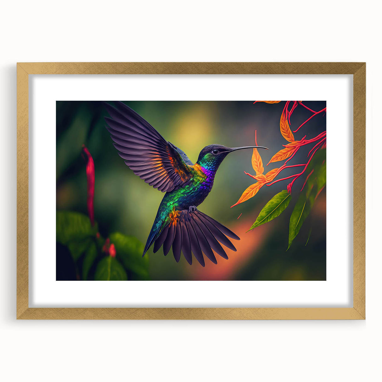 Hummingbird wall art collection framed in gold, showcasing intricate designs and vibrant colors, perfect for enhancing home decor with a touch of nature.