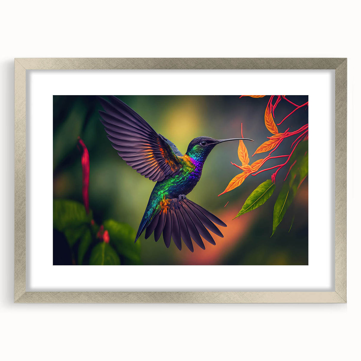 Framed wall art collection showcasing vibrant hummingbird designs in a silver frame with a mat, ideal for enhancing home decor with a nature theme.