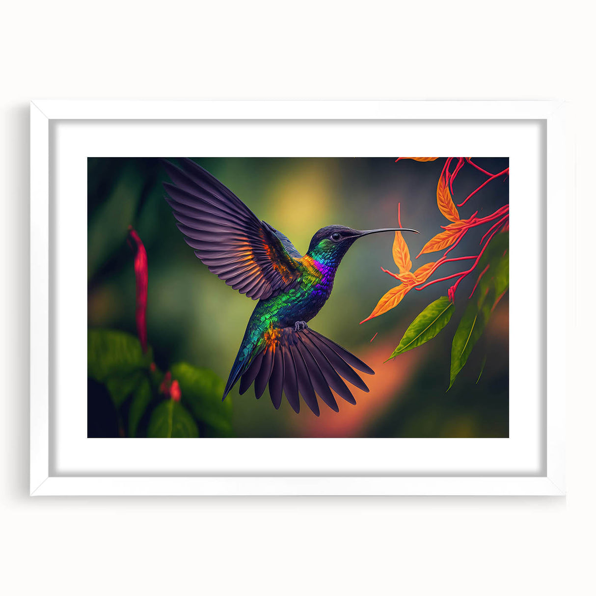 White-framed wall art showcasing a vibrant hummingbird design, ideal for home decor, displayed with a mat for an elegant presentation. Perfect for nature enthusiasts and modern interiors.