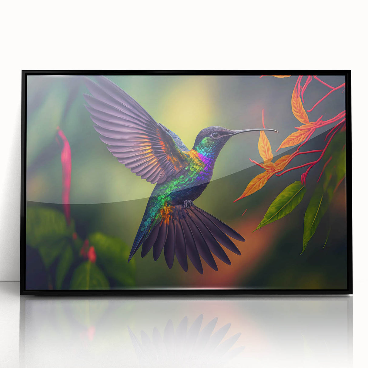 Framed acrylic wall art featuring a colorful hummingbird design against a black background, ideal for enhancing home decor with a touch of nature.