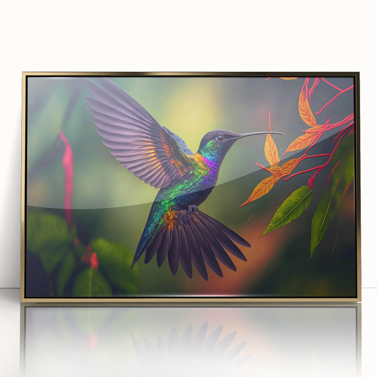 Framed wall art featuring a vibrant hummingbird design in shades of blue, green, and gold, perfect for adding a touch of nature to home decor. The acrylic frame enhances the artwork's brilliance while providing a modern aesthetic.