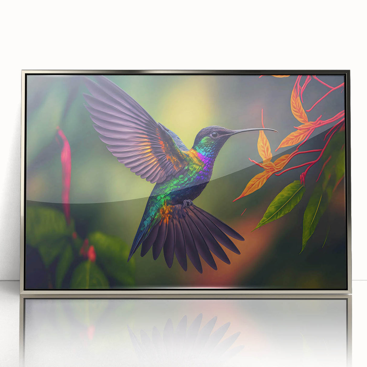 Framed wall art collection featuring a vibrant hummingbird design with intricate details, set in a sleek silver frame, ideal for modern decor.