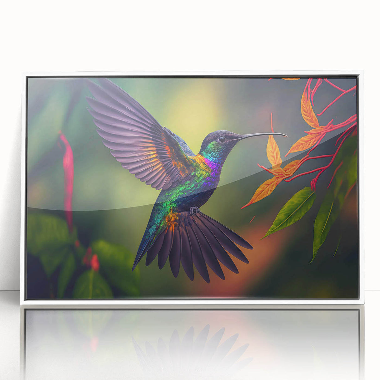 Framed wall art showcasing a vibrant hummingbird design with a white border, ideal for adding a touch of nature-inspired elegance to home decor.