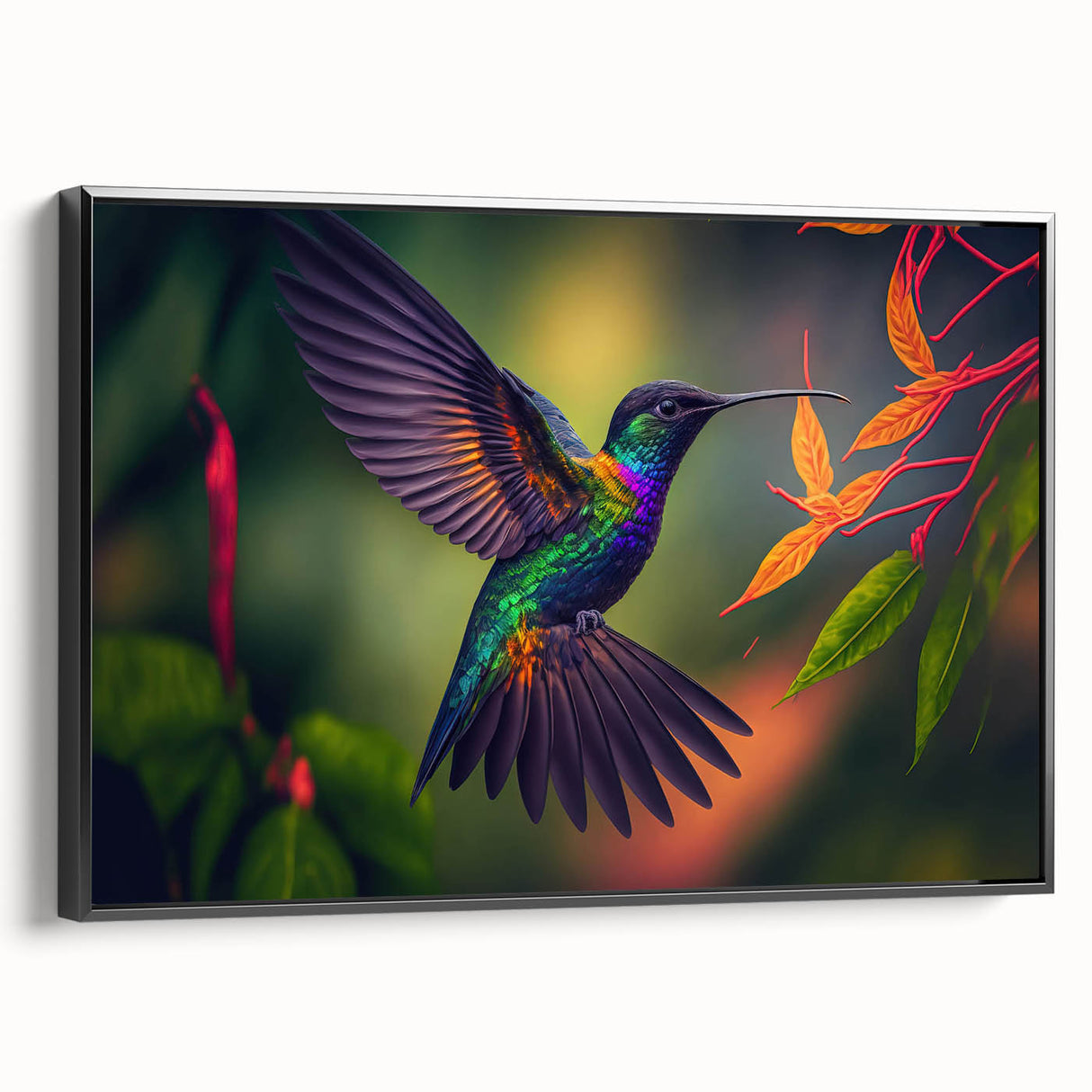 Framed canvas wall art showcasing a vibrant hummingbird design, featuring rich colors and intricate details, perfect for adding a touch of nature-inspired decor to any room.