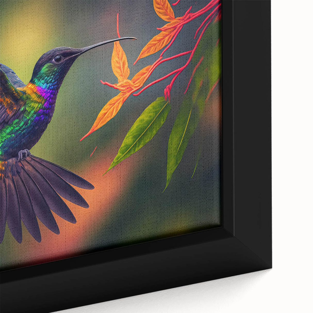 Close-up of a framed hummingbird wall art piece showcasing vibrant colors and intricate details, perfect for adding a touch of nature-inspired decor to any space.
