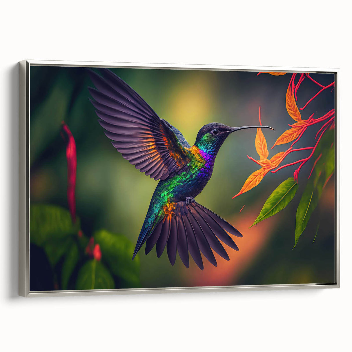 Framed wall art featuring a vibrant hummingbird design in silver frame, showcasing colorful details and intricate patterns, ideal for home decor.