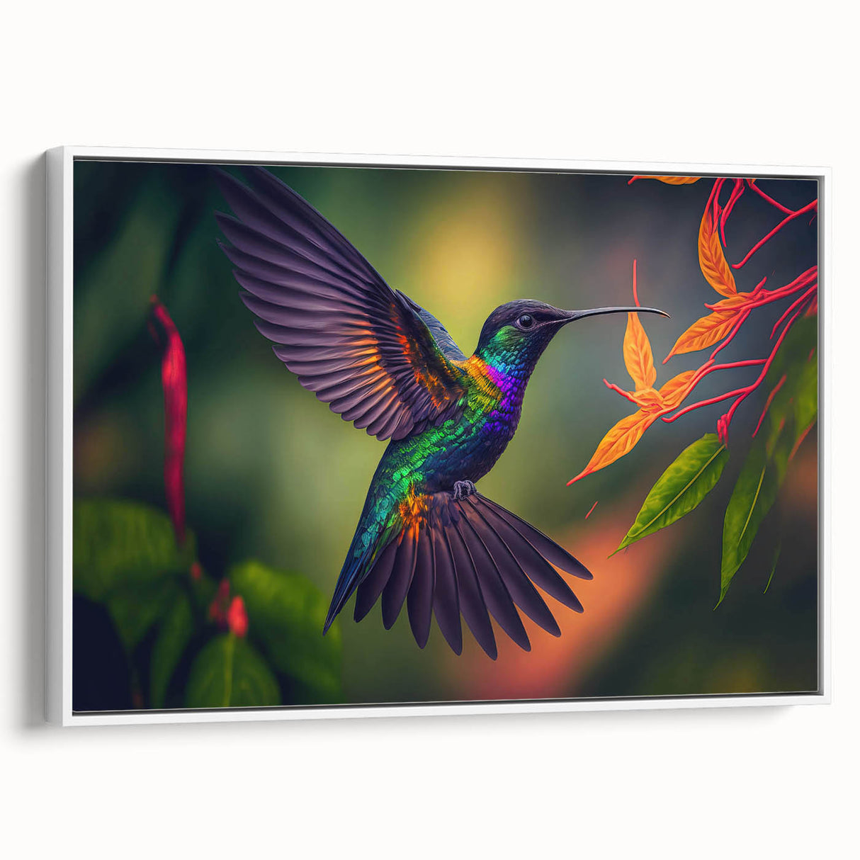 Framed wall art featuring a vibrant hummingbird design on canvas, showcasing vivid colors and intricate details, ideal for enhancing home decor.