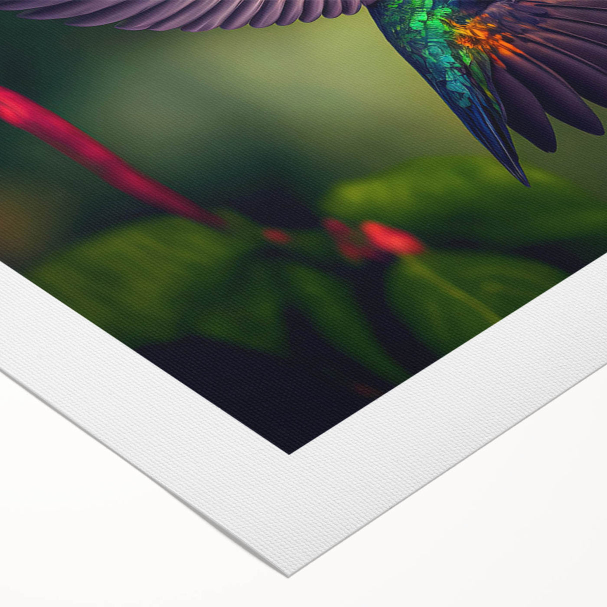 Vibrant rolled canvas featuring a colorful hummingbird design, showcasing intricate details and a textured finish, ideal for enhancing home decor.