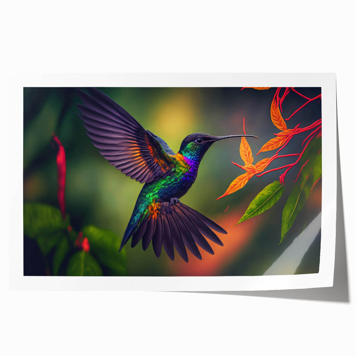Colorful hummingbird wall art featuring intricate floral designs, rolled for shipping in a sturdy tube. Perfect for vibrant home decor or nature-themed interiors.