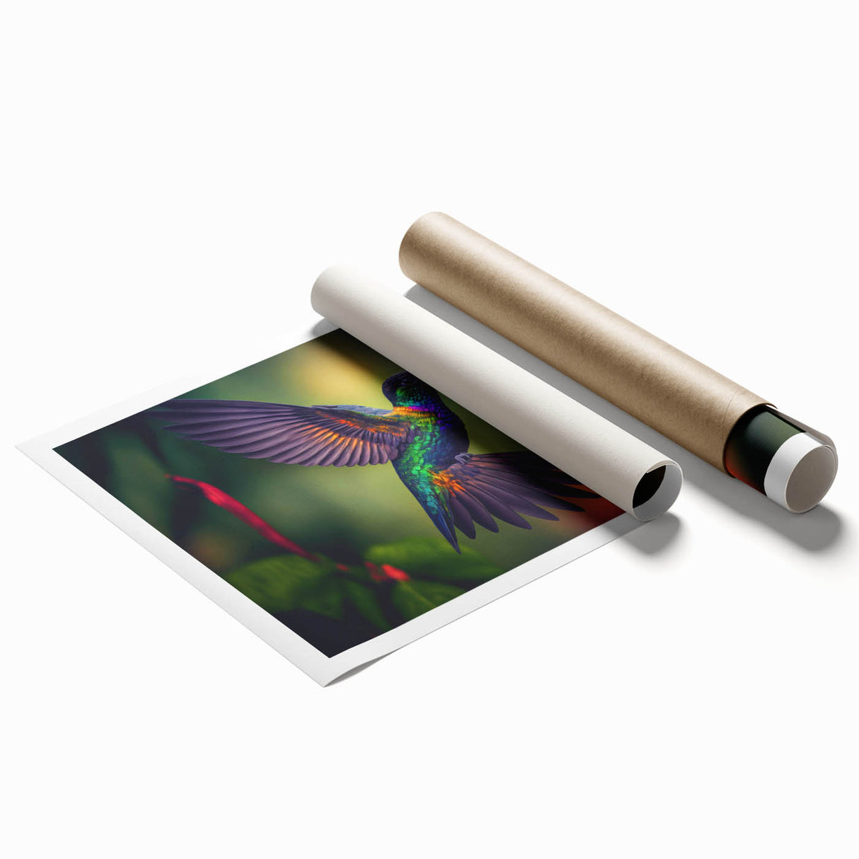 Colorful hummingbird wall art print showcasing intricate details of the bird's feathers and vibrant colors, ideal for home decor enthusiasts and nature lovers.