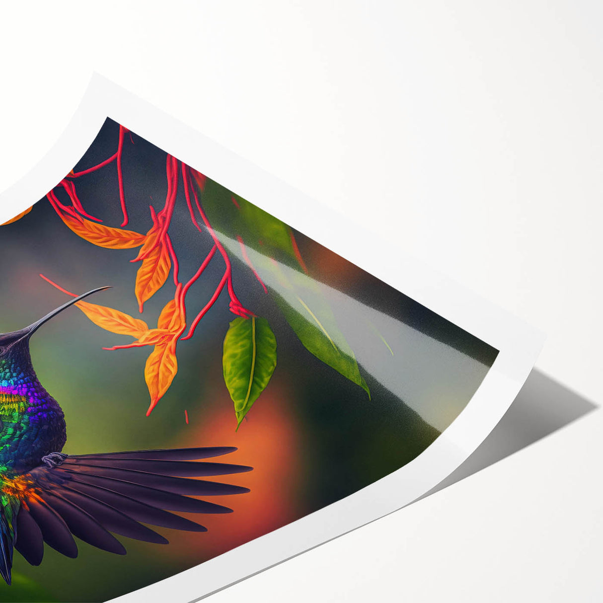 Colorful rolled print showcasing a vibrant hummingbird design, featuring intricate details and bold colors, perfect for enhancing home decor. Packaged securely in a sturdy tube for safe delivery.