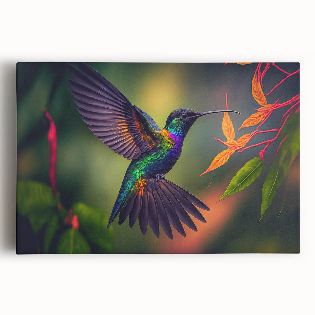 Colorful hummingbird wall art collection on stretched canvas, showcasing vibrant hues of green, blue, and pink, perfect for brightening any room decor.