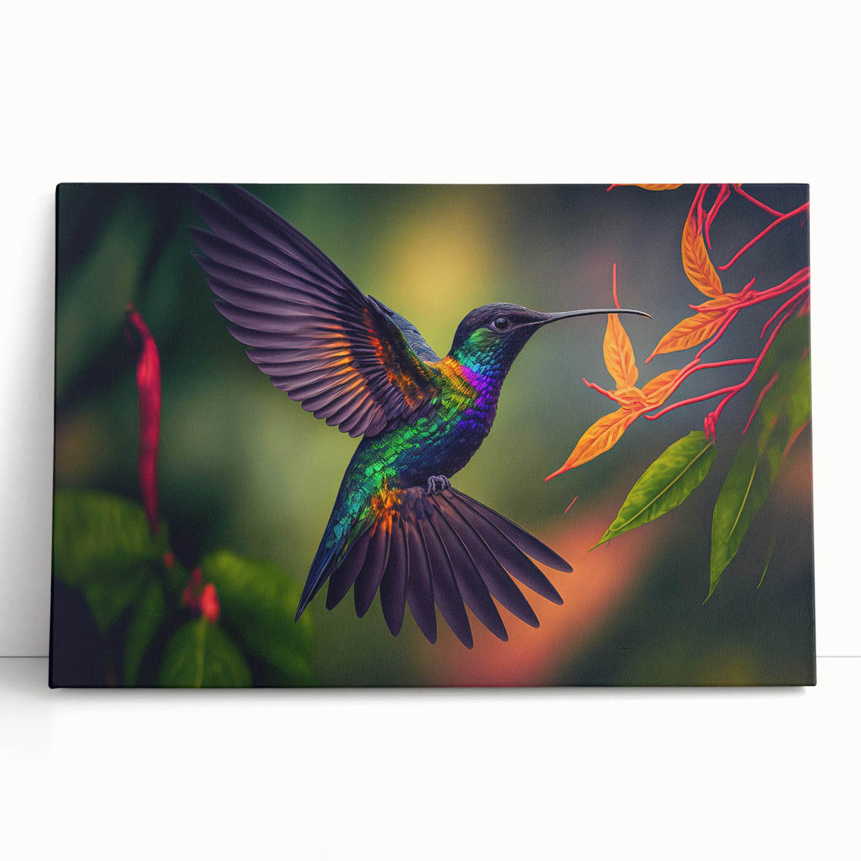 Stretched canvas wall art featuring an elegant hummingbird design in vibrant colors, ideal for enhancing home decor with a nature-inspired aesthetic.