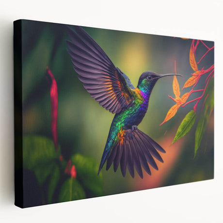 Colorful hummingbird design on stretched canvas wall art, showcasing vibrant hues of green, blue, and pink, perfect for adding a lively touch to any room decor.