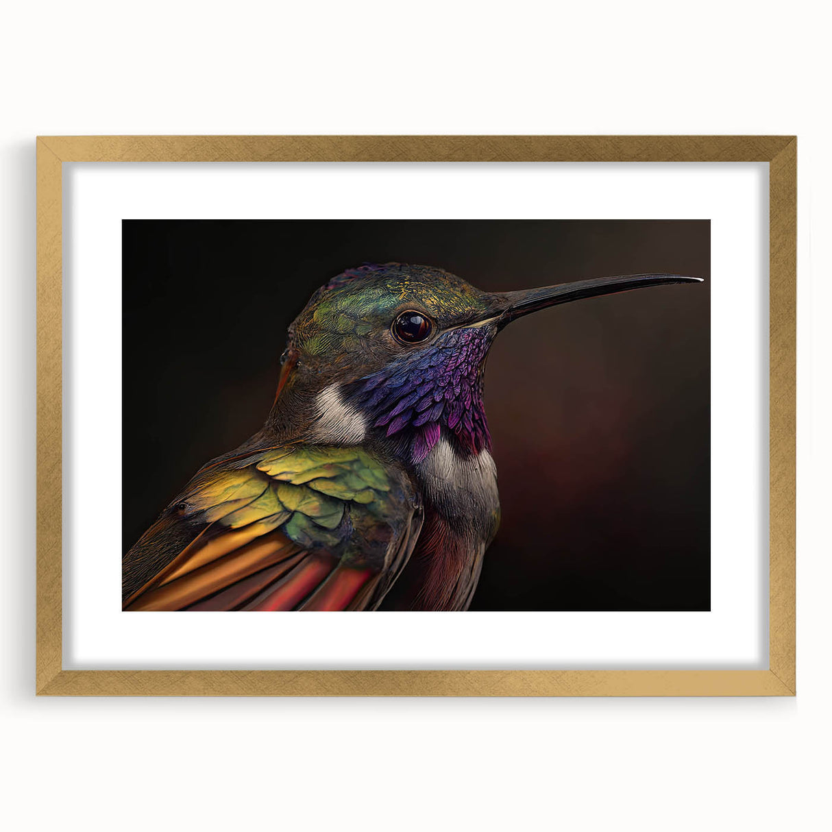Hummingbird wall art collection featuring intricate designs in vibrant colors, framed with a gold border and mat, ideal for home decor.