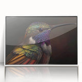 Framed wall art featuring a vibrant hummingbird design in shades of green and blue, set against a white background, perfect for nature enthusiasts and home decor.
