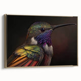 Framed canvas wall art showcasing a vibrant hummingbird design in gold tones, elegantly displayed from a side view, perfect for enhancing modern decor.