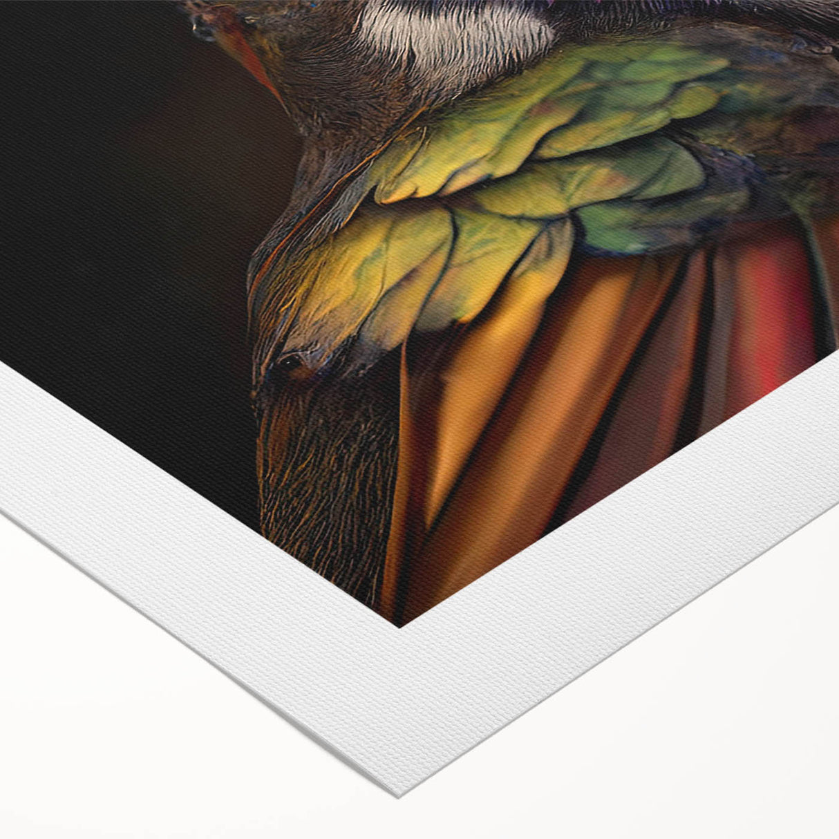 Vibrant rolled canvas wall art featuring a colorful hummingbird design, showcasing intricate details and textures, perfect for home décor.