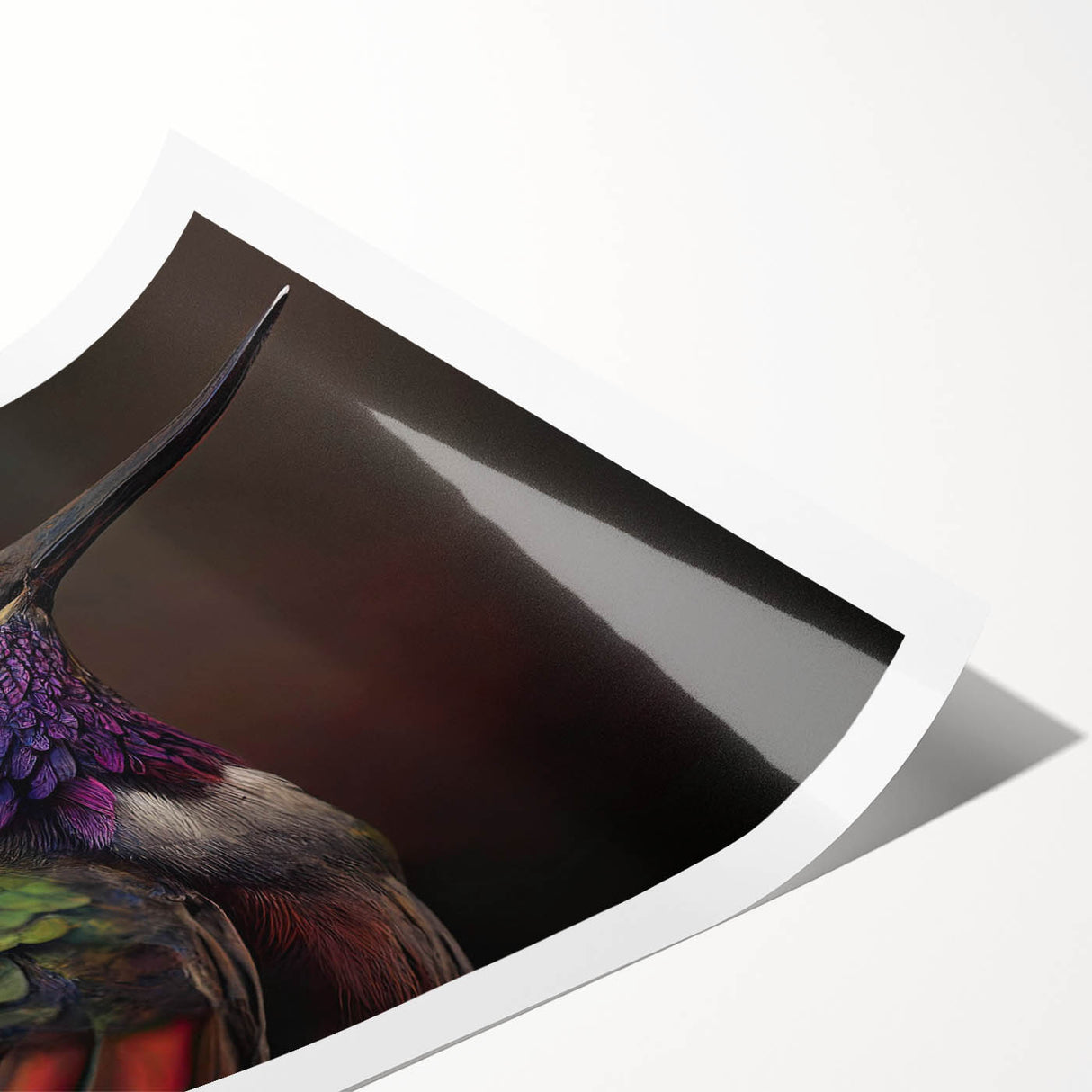 Colorful rolled print of hummingbird wall art featuring intricate floral designs, perfect for home decor, showcasing vibrant colors and detailed illustrations.