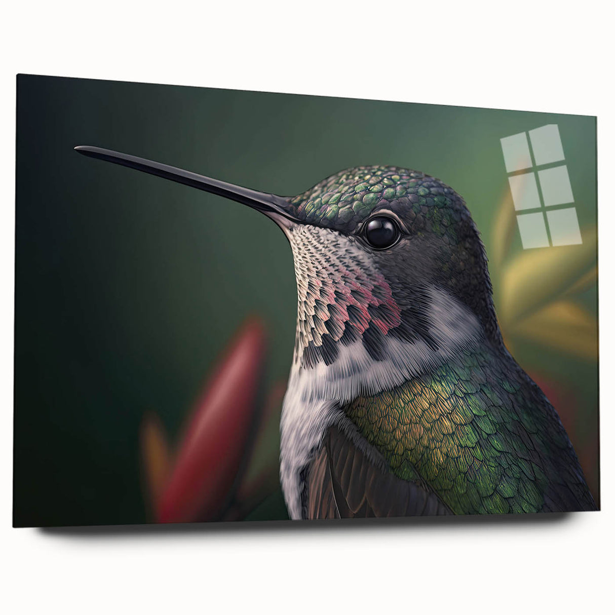 Side view of a vibrant hummingbird wall art design on acrylic glass, showcasing intricate details and colors, ideal for modern home decor.