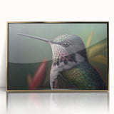 Framed wall art featuring a vibrant hummingbird design in gold-acrylic finish, showcasing intricate details and colors, ideal for nature-themed decor.