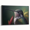 Framed canvas wall art showcasing a vibrant hummingbird design, set against a sleek black background. This artwork adds a colorful touch to any modern home decor.