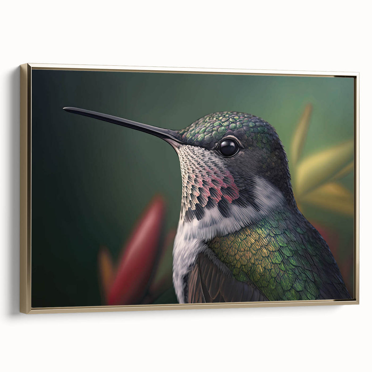 Framed wall art showcasing a gold-accented hummingbird design on canvas, perfect for enhancing home decor with a vibrant, nature-inspired touch.