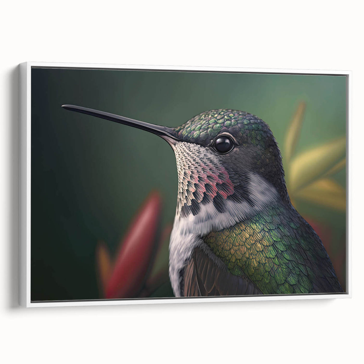 Framed wall art featuring a vibrant hummingbird design on a white background, ideal for home decor. The canvas showcases intricate details and vivid colors, perfect for nature lovers.