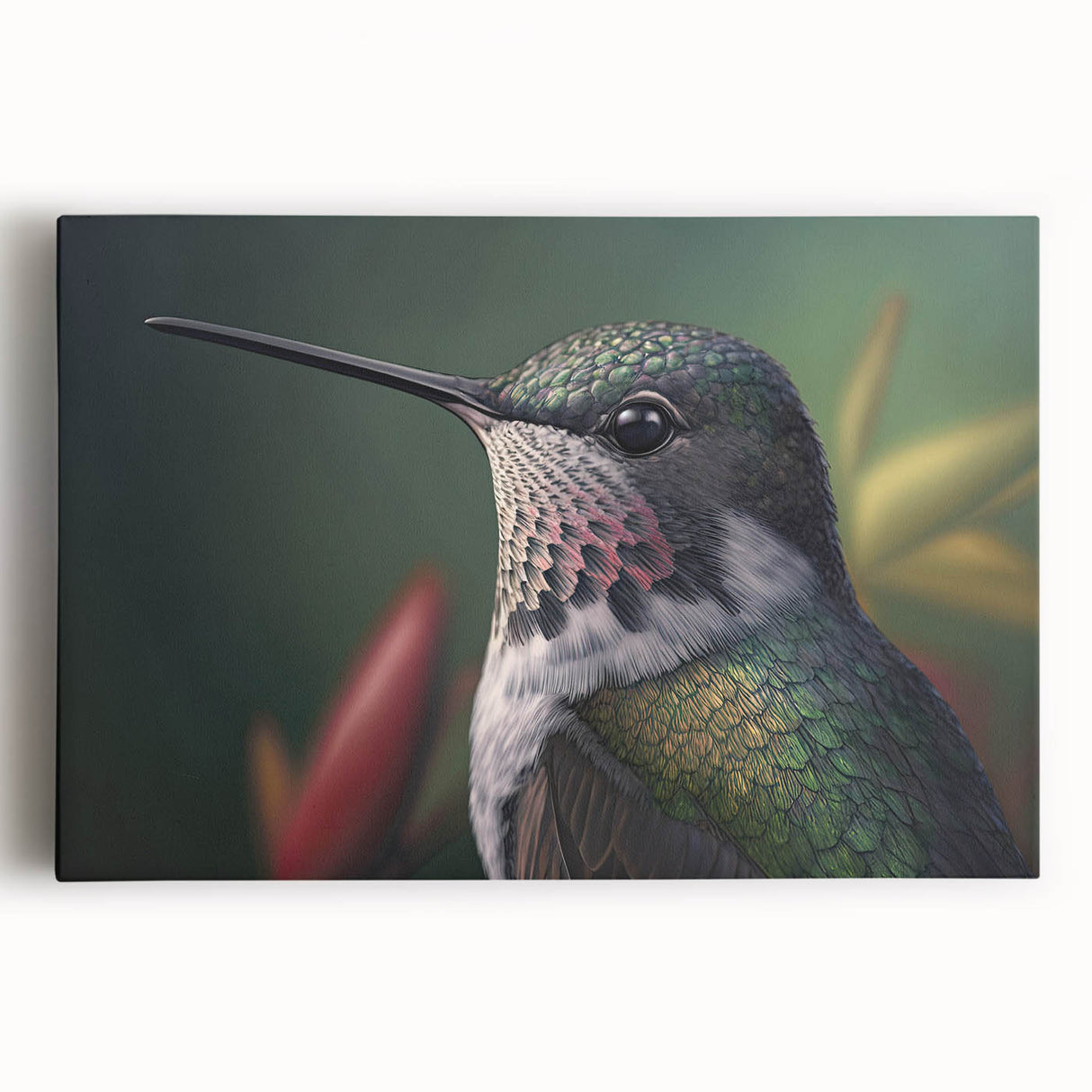Stretched canvas wall art showcasing a vibrant hummingbird design, featuring rich colors and intricate details, perfect for enhancing home decor with a nature-inspired theme.