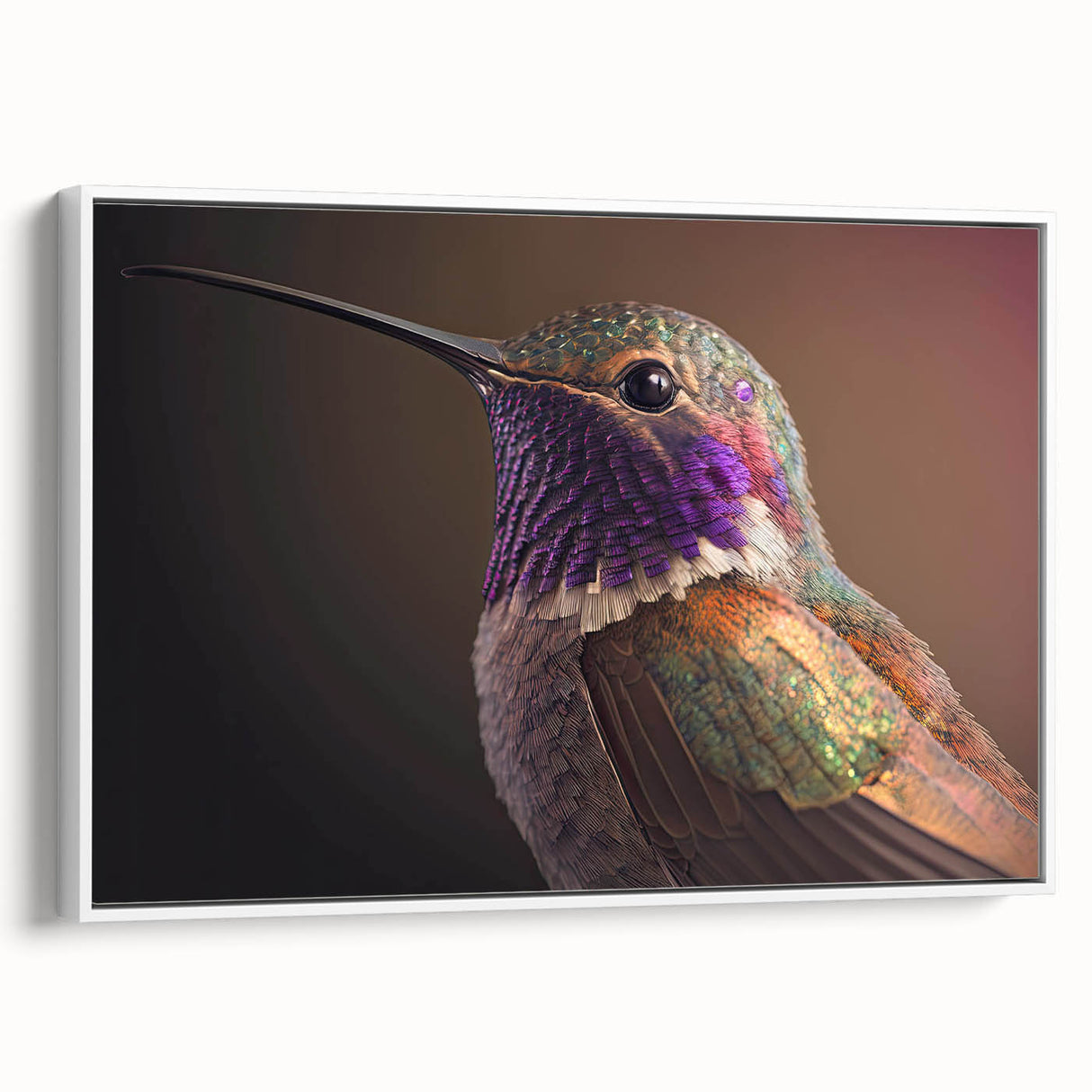 Framed canvas wall art showcasing a vibrant hummingbird design in bright colors, elegantly displayed against a white background, perfect for home decor enhancement.