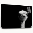 Side view of a unique acrylic glass wall art piece showcasing an ostrich design, elegantly displayed with decorative pins, perfect for modern home decor.