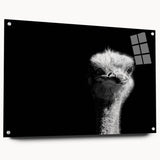 Side view of a unique acrylic glass wall art piece showcasing an ostrich design, elegantly displayed with decorative pins, perfect for modern home decor.