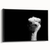 Framed wall art featuring a detailed ostrich design on a black background, showcasing vibrant colors and intricate patterns, ideal for modern home decor.