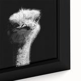 Close-up of a framed canvas wall art piece depicting an elegant ostrich design, showcasing intricate details and vibrant colors, ideal for modern decor.