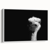 Framed canvas wall art featuring a stylish ostrich design with a white background, ideal for modern decor. Adds a touch of elegance to any room.