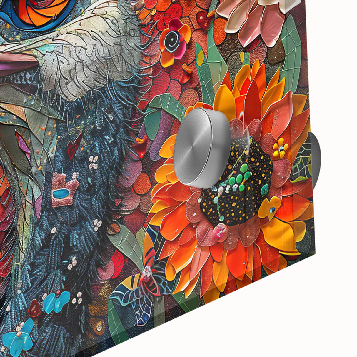 Close-up of a vibrant acrylic glass wall art piece showcasing an intricate ostrich design, featuring bold colors and detailed textures, perfect for modern decor.