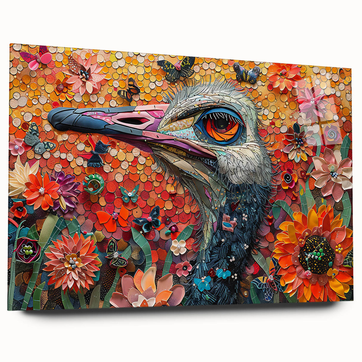 Acrylic glass wall art featuring an elegant side view of an ostrich design, showcasing vibrant colors and intricate details, perfect for modern home decor.