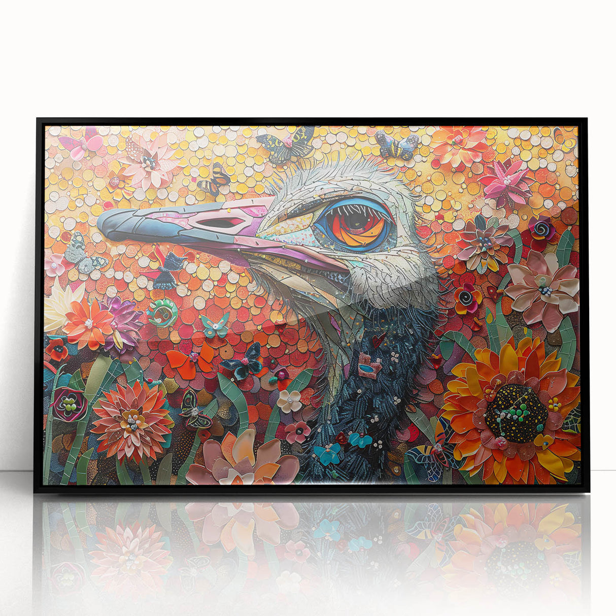 Framed wall art featuring a striking ostrich design in black acrylic, showcasing intricate details and vibrant colors, perfect for modern home decor.