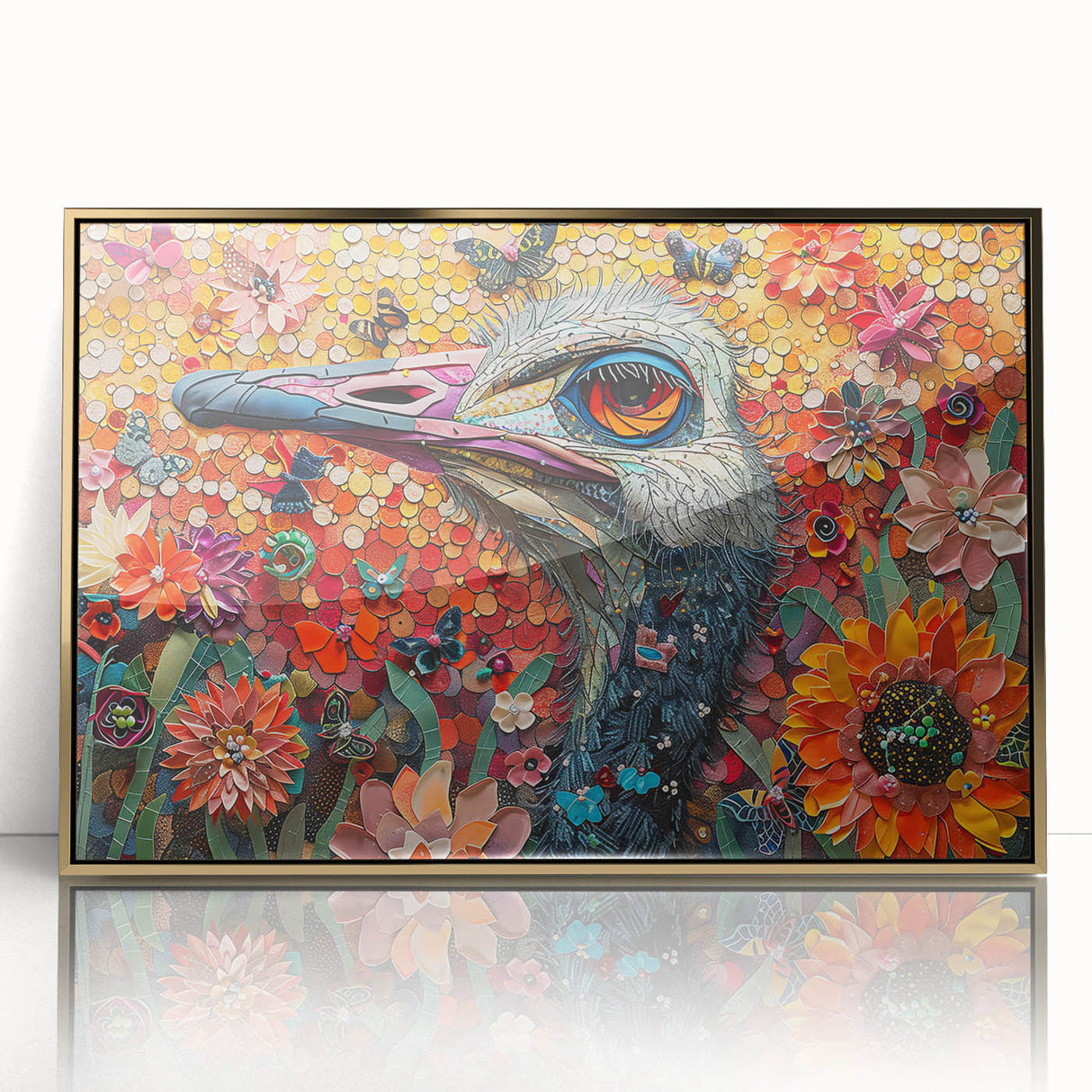 Framed wall art featuring a striking design of colorful ostriches, set in a sleek gold frame with an acrylic front, perfect for modern decor.